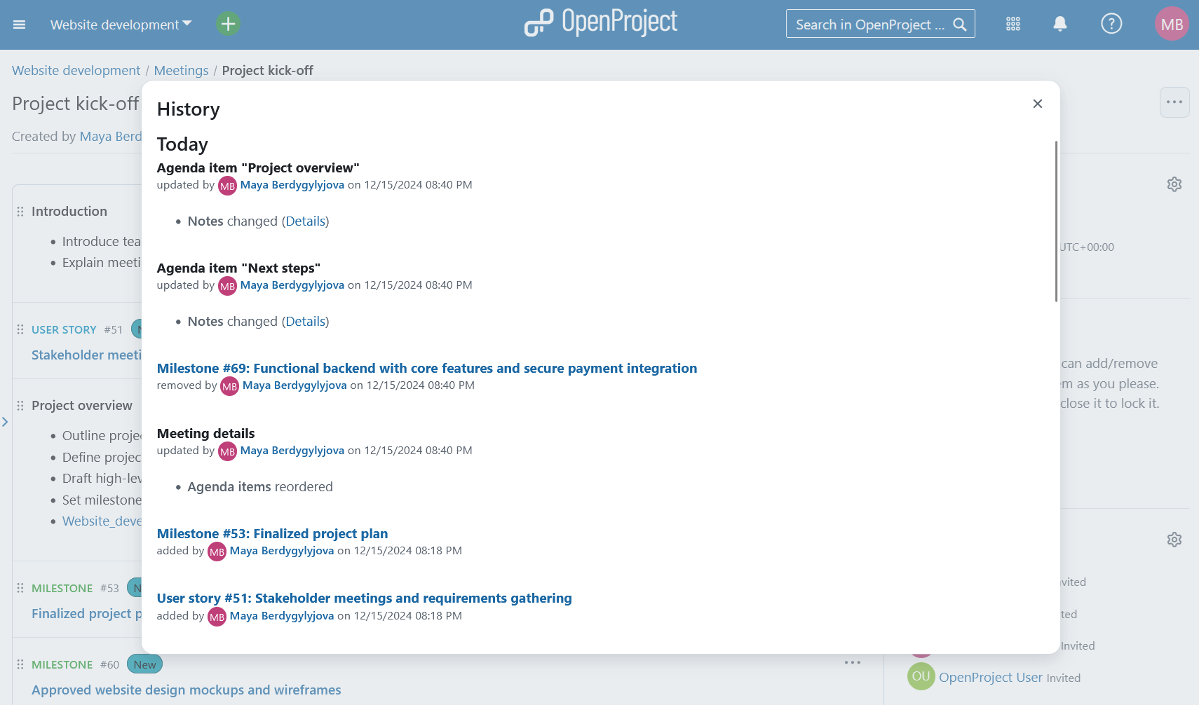 Track changes to meeting agendas, notes, and participants in OpenProject